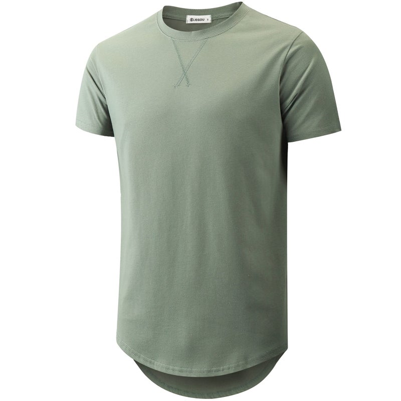 KLIEGOU Mens 100% Cotton Hipster Hip Hop Longline Crewneck T-Shirt (Medium, Dark Green) - Image 1